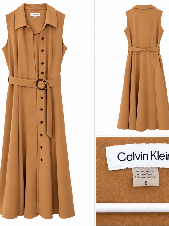 Calvin Klein Dresses & Skirts - Calvin Klein Sleeveless Belted A-Line Shirt Dress in Camel